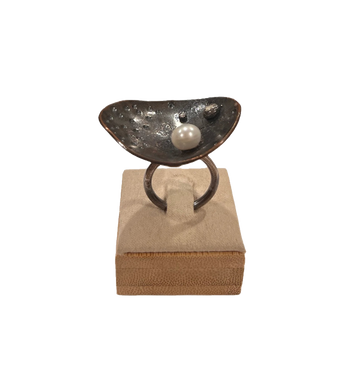 Floating in Space | oxidized sterling silver, copper with large white pearl ring